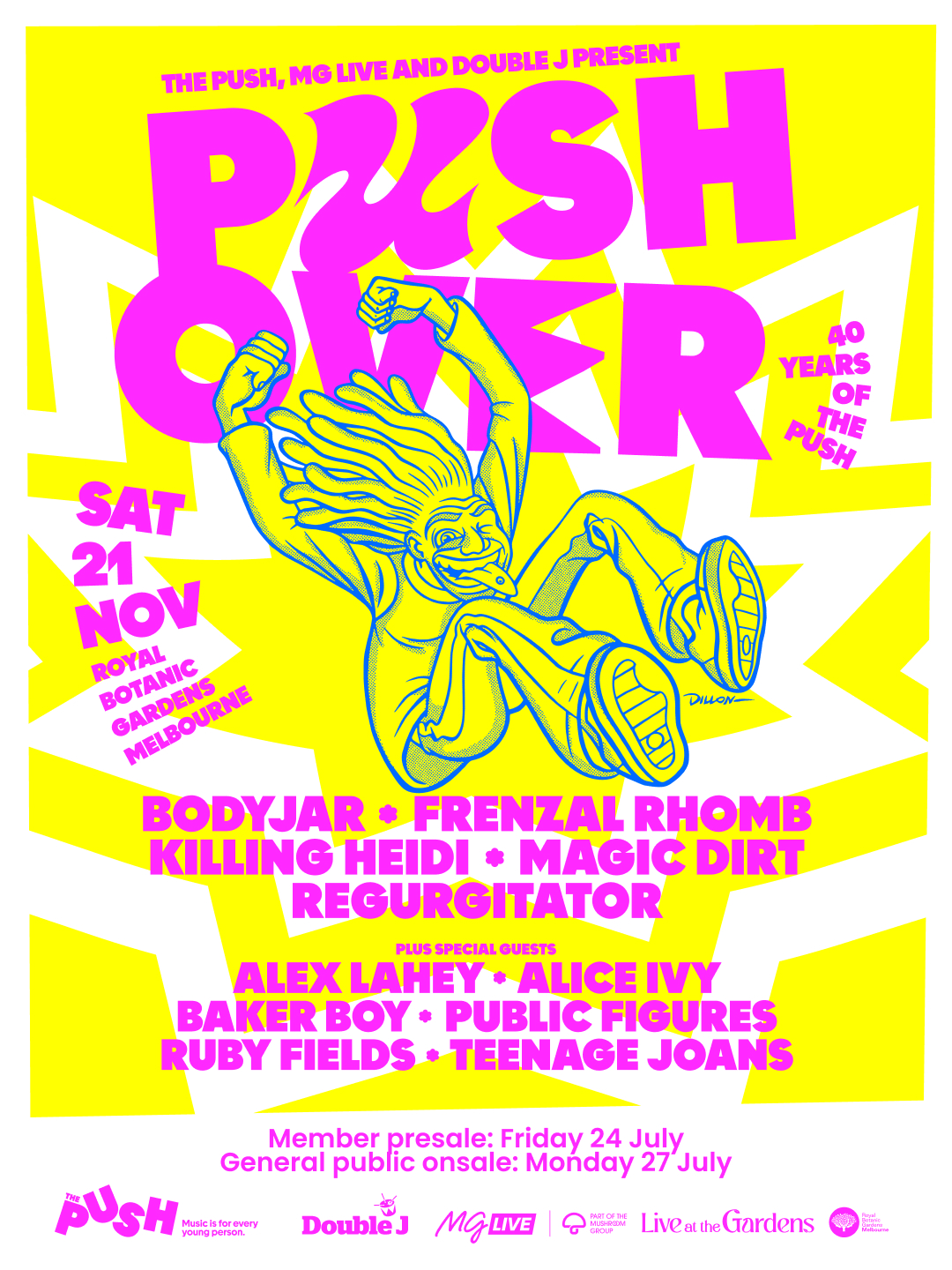 Bright yellow and pink Push Over music festival poster featuring Bodyjar, Frenzal Rhomb, Killing Heidi, Magic Dirt, and Regurgitator.
